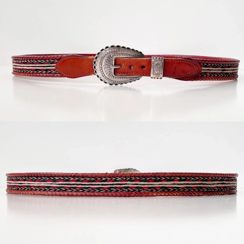 Vintage Horsehair Western‎ Leather Belt Concho Statement Cowgirl Size 44